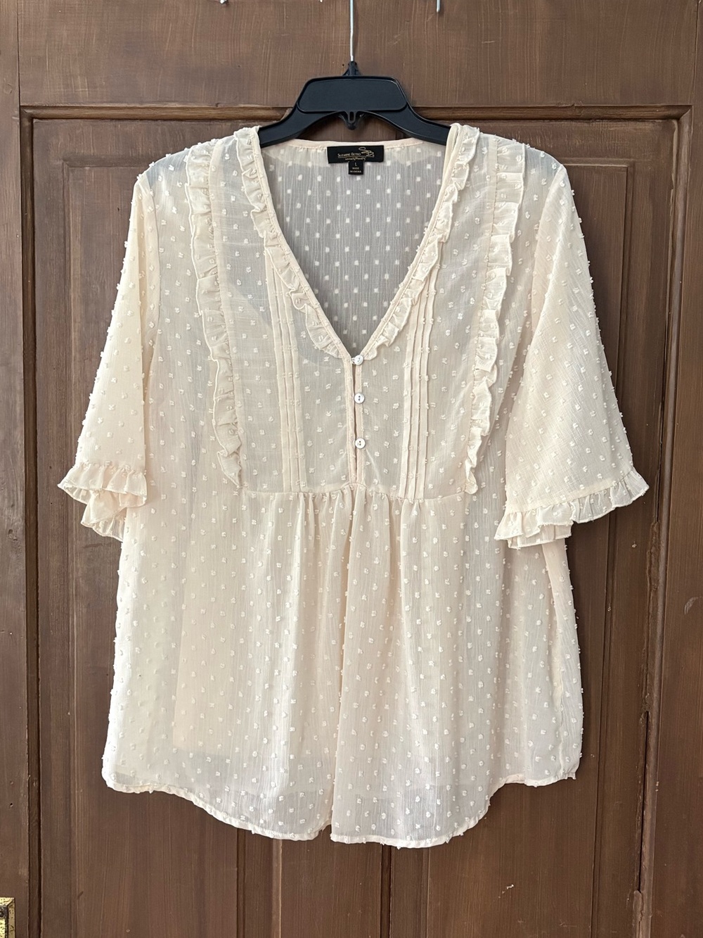 Suzanne Betro Cream Swiss Dot Ruffle V-Neck Blouse